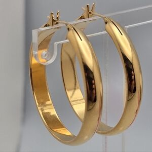 Vintage Monet Gold Tone Hoop Earrings Wide Domed Hoops Designer Signed
